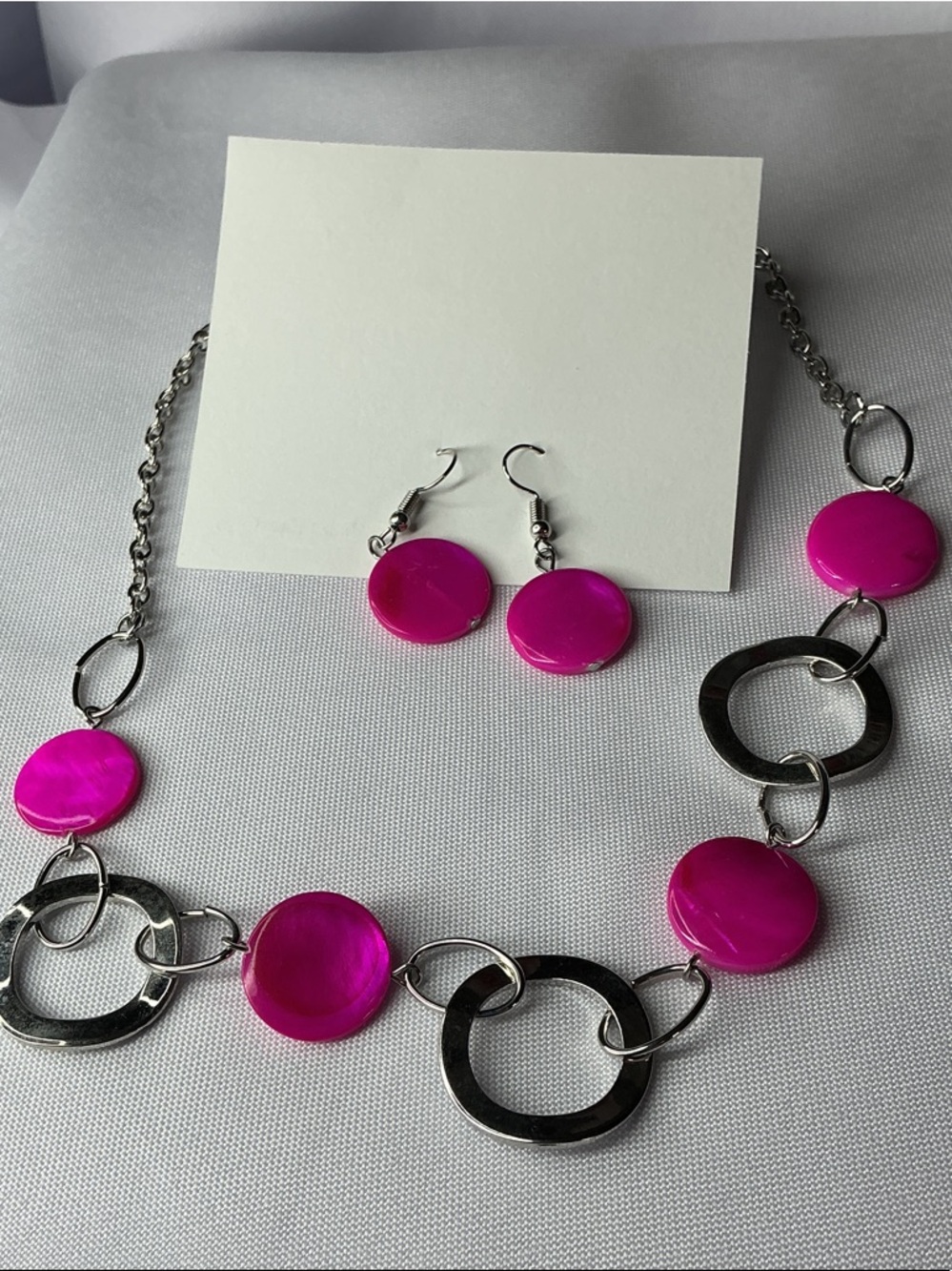 Hot Pink Statement Necklace & Earrings Set Silver Tone Bold Jewelry - Picture 1 of 5